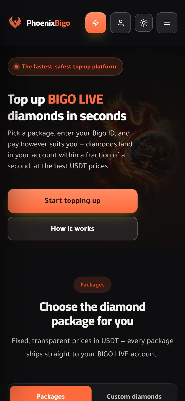 PhoenixBigo on a phone, in English: the headline, two full-width actions and the start of the packages