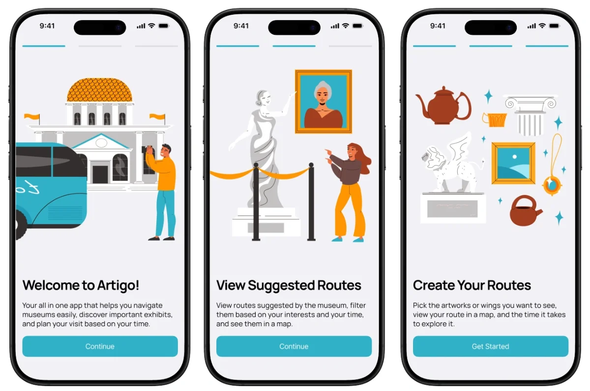 Artigo's onboarding screens: “Welcome to Artigo!”, “View Suggested Routes” and “Create Your Routes”