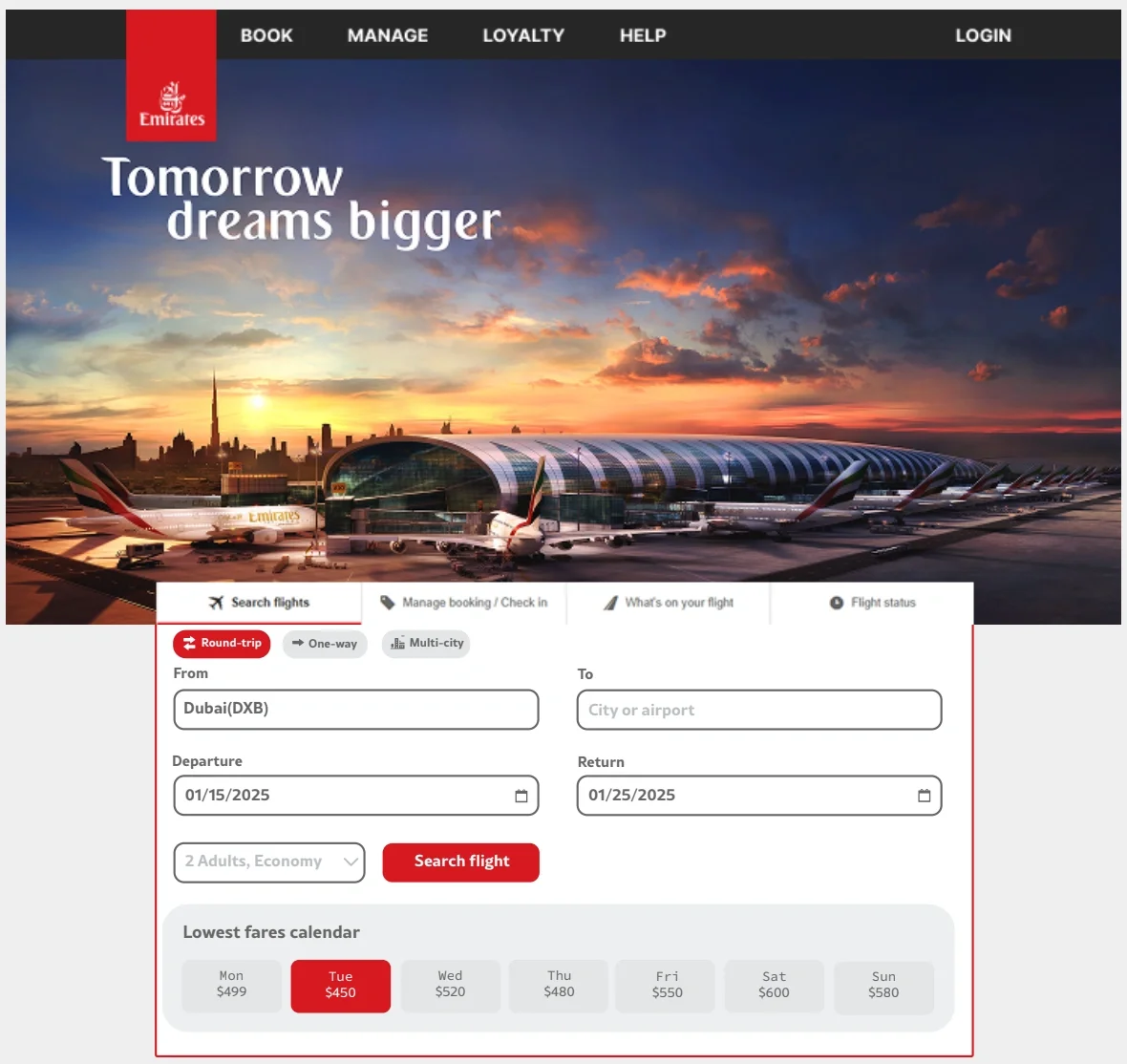 The redesigned Emirates homepage: a simplified header with Book, Manage, Loyalty, Help and Login, and the flight search below the hero