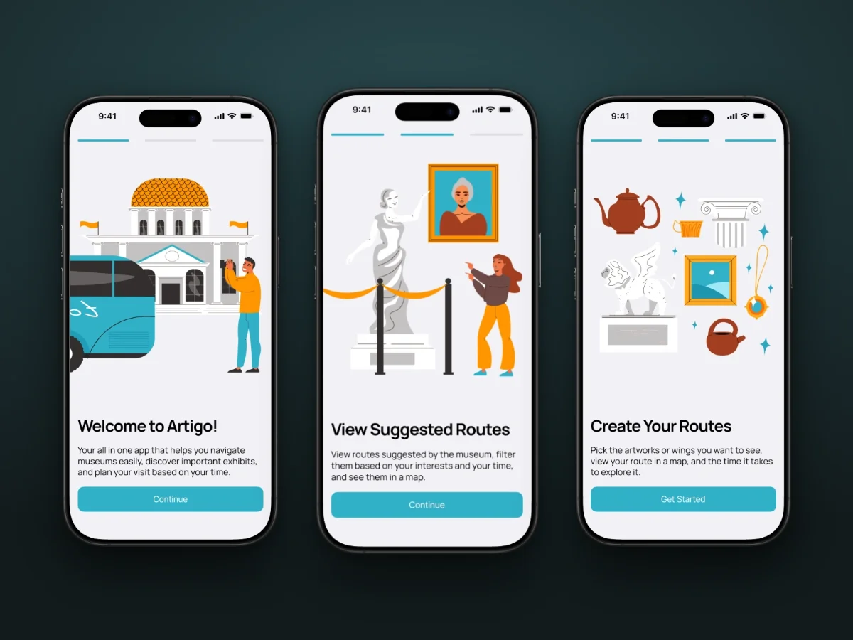 Three screens from the Artigo iOS app: the welcome screen, suggested routes, and creating your own route