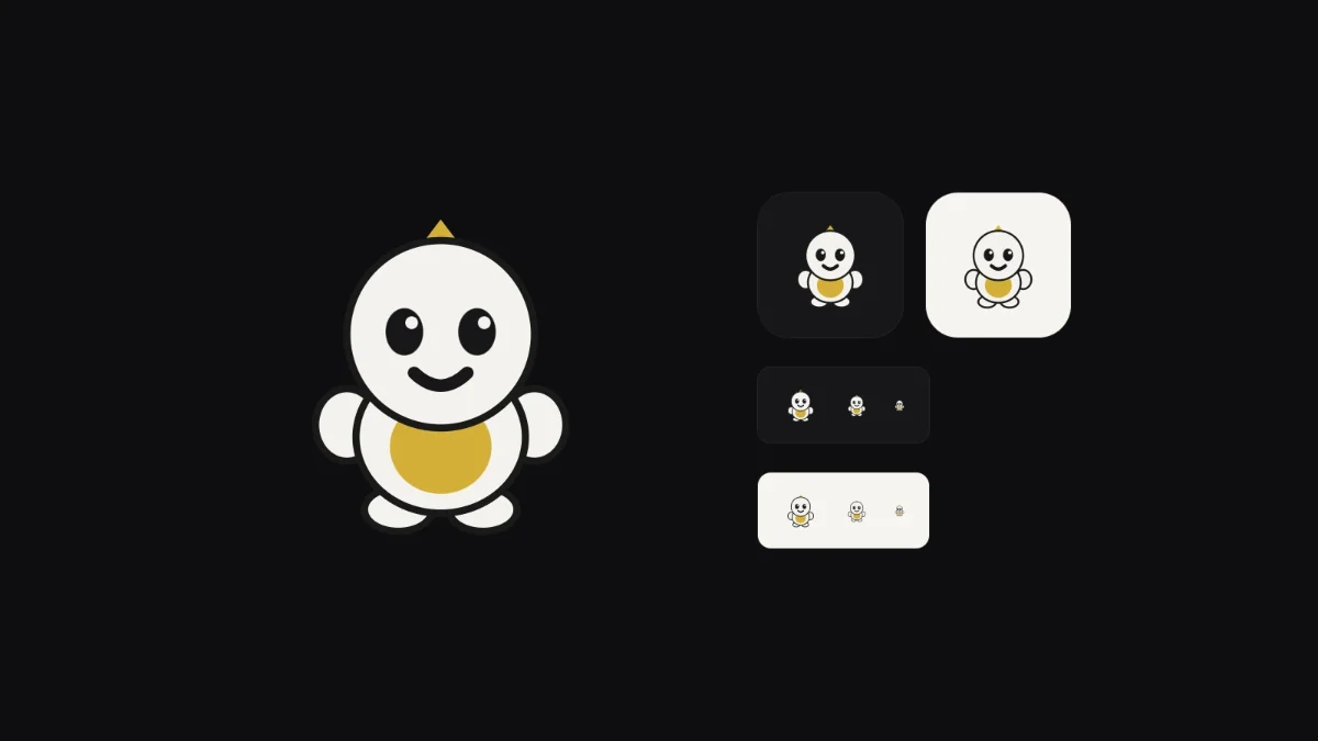 The BigoIraq mascot mark, large on the product's dark ground, then as an app icon on dark and on light, and at 48, 32 and 16 pixels