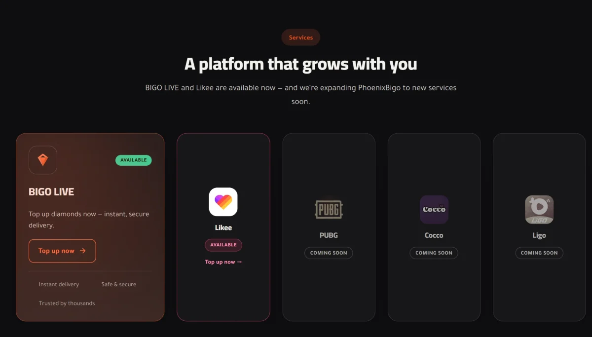 “A platform that grows with you”: BIGO LIVE as the prominent available service, Likee available, and PUBG, Cocco and Ligo marked coming soon