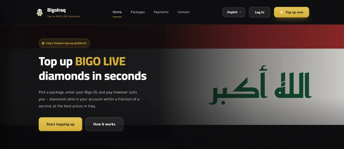 The same homepage in English, left to right: the composition mirrored, with the flag on the other side and the headline “Top up BIGO LIVE diamonds in seconds”