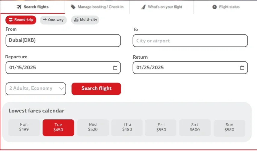 The new flight search: round-trip, one-way and multi-city tabs, airport fields, dates, passengers, and a lowest-fares calendar with a price for each day