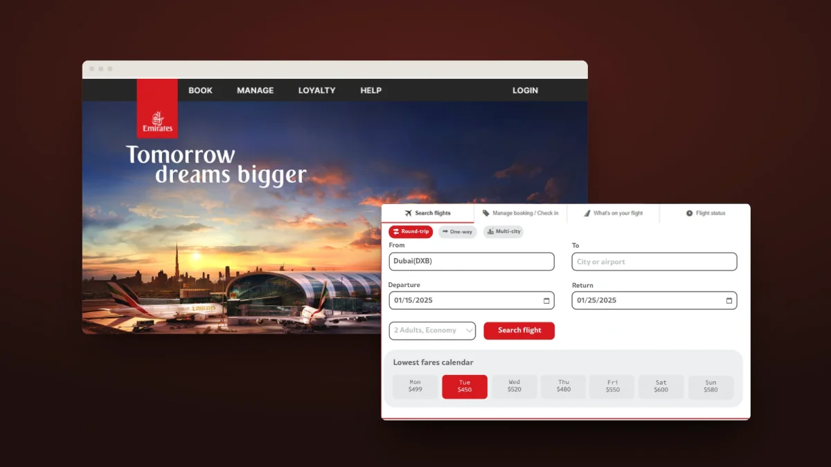 The redesigned Emirates homepage, with the new flight search and its lowest-fares calendar brought forward