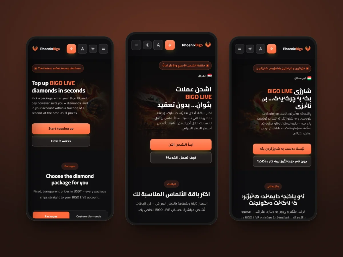 PhoenixBigo's homepage on three phones: the global English version, the Iraq market in Arabic and the Kurdistan market in Kurdish — one identity, three markets