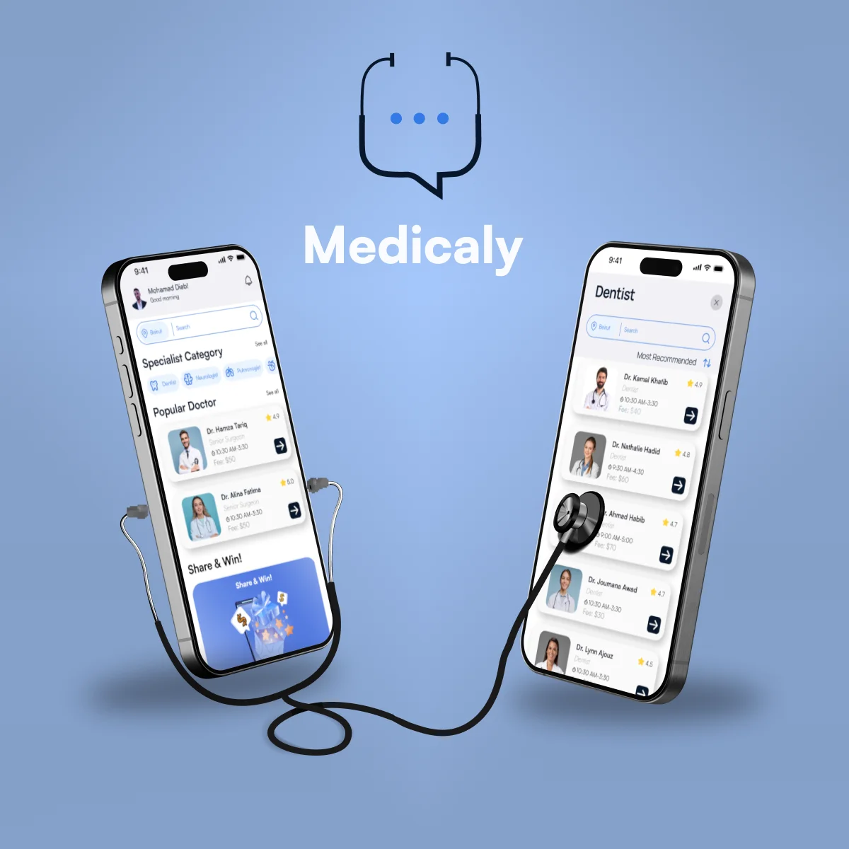 Two phones showing the Medicaly app’s doctor listings, connected by a stethoscope, under the Medicaly logo