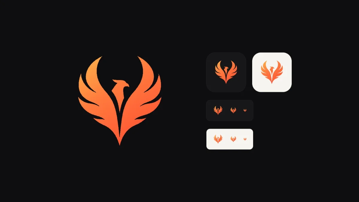 The PhoenixBigo phoenix mark in its orange-to-ember gradient, large on the dark ground, then as an app icon on dark and on light, and at 48, 32 and 16 pixels