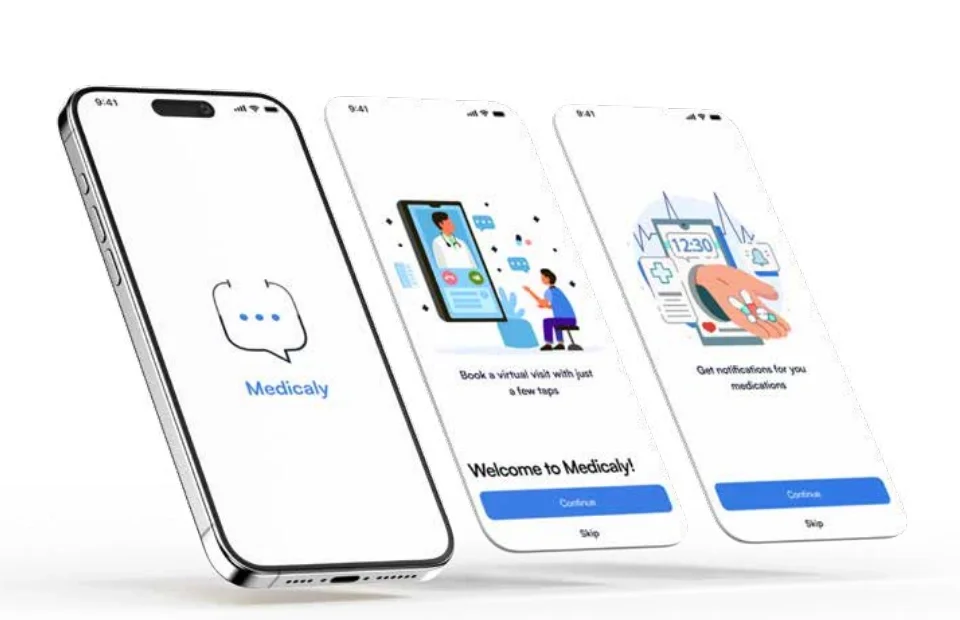 Medicaly onboarding mockups: the splash screen with the Medicaly logo, booking a virtual visit, and medication reminders