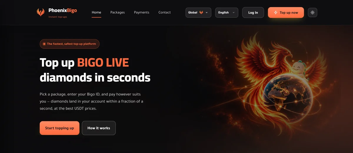 PhoenixBigo's global homepage in English: the phoenix hero artwork beside the headline “Top up BIGO LIVE diamonds in seconds”, with the market, language and theme controls in the header
