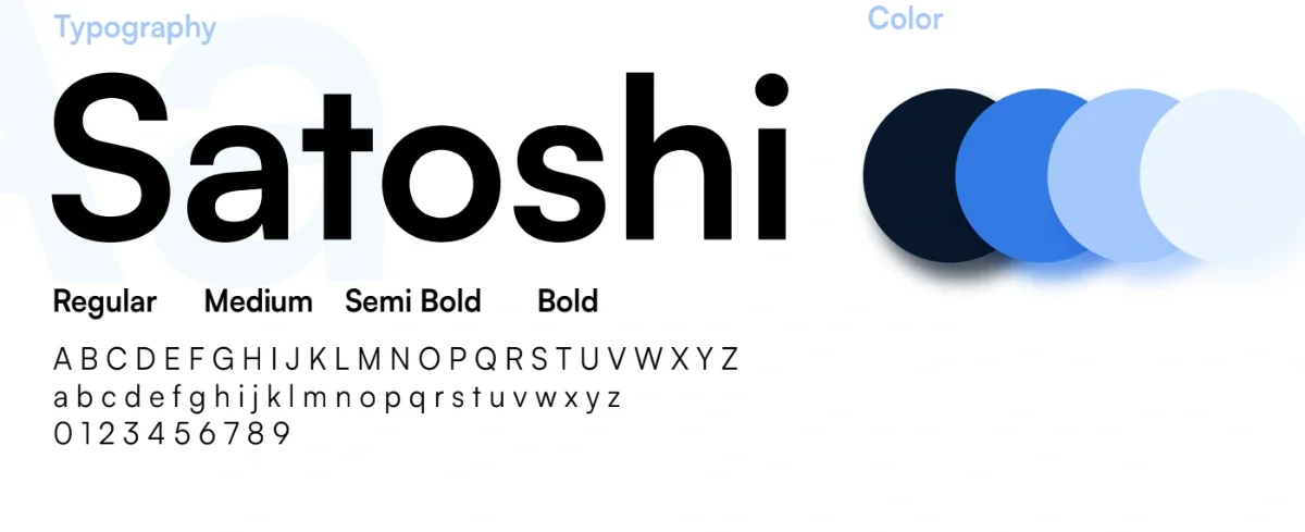 Medicaly style guide: the Satoshi typeface in regular, medium, semi bold and bold, and a palette of blues
